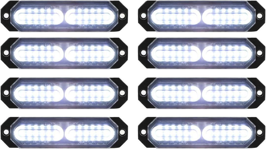 ASPL 8pcs Sync Feature Ultra Slim 12-LED Surface Mount Flashing Strobe Lights for Truck Car Vehicle LED Mini Grille Light Head Emergency Beacon Hazard Warning Lights (White)