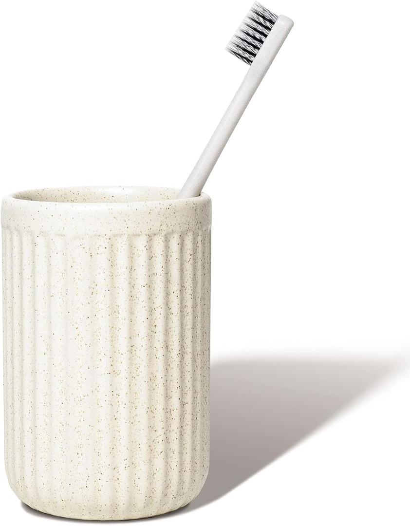 Beige Speckled Ceramic Toothbrush Holder, Rippled Cylinder Tumbler for Bathroom Countertop, Makeup Brush Holder, Pen Organizer, Multipurpose Bathroom Accessory
