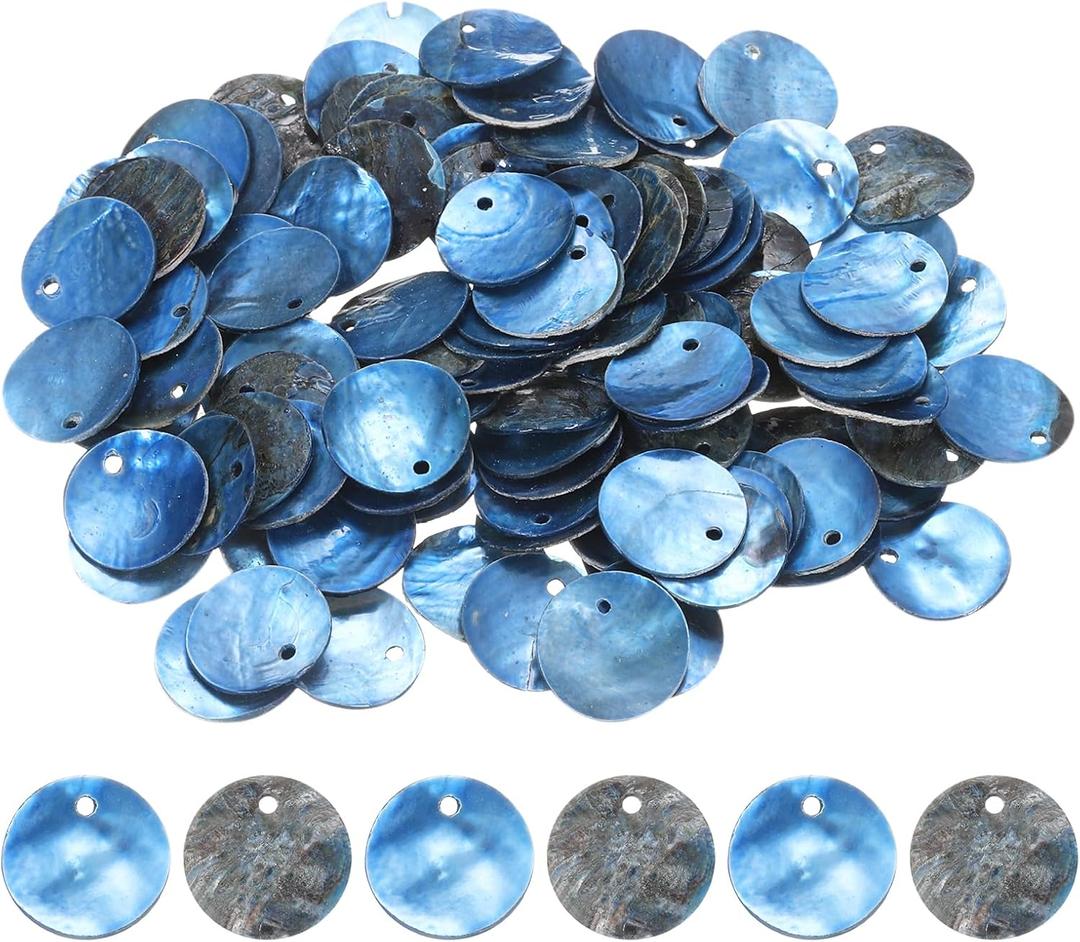 uxcell 150Pcs 15mm Flat Round Shell Coin Beads, Colorful Drop Charm Beads, Shell Discs Charm with Hole for DIY Craft Bracelet Necklace Jewelry Making, Blue