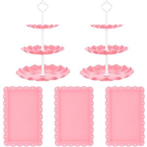5 Pcs Dessert Stand Set, 2X Small 3 Tiers White Plastic Cupcake Stand Holder & 3X Rectangle Party Serving Trays/Platters for Wedding Birthday Baby Shower Tea Party Buffet (Pink)