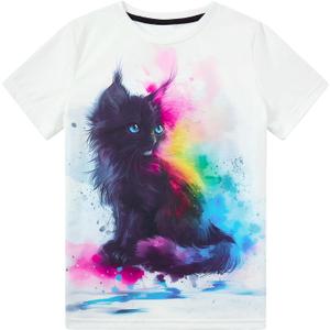 Girls Shirts Kids T Shirt Cat Print Tees Animal Graphic Clothes Short Sleeve  (8-9 Years, Cat Color Ink)