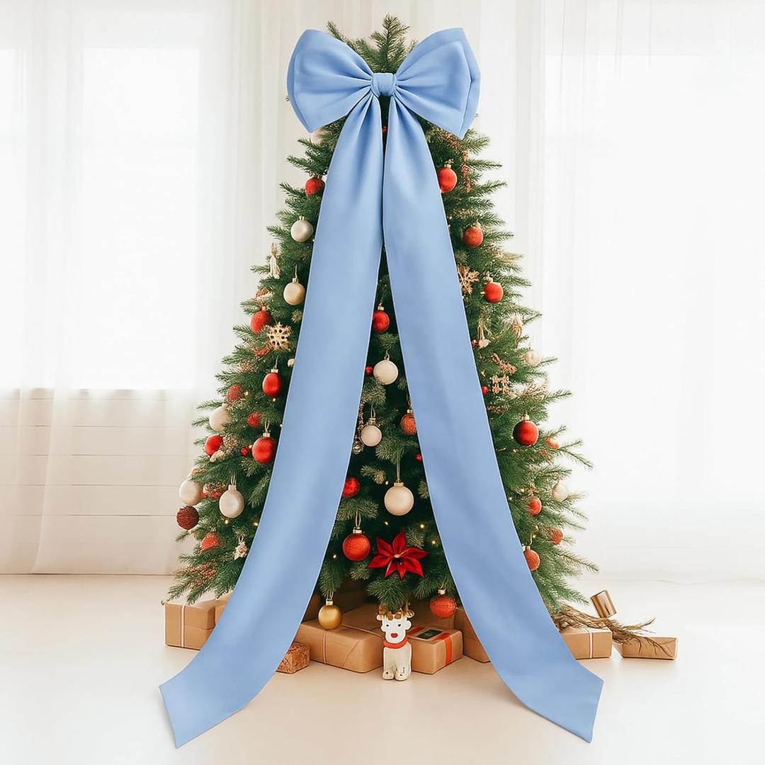 Giant Bow Decor Christmas Tree Topper Decoration Big Bows for Room Wall Backdrop 75x18 Inch Ribbon Tie for Wedding Christmas Fall Birthday Party Baby Shower Supplies (Blue, Satin)
