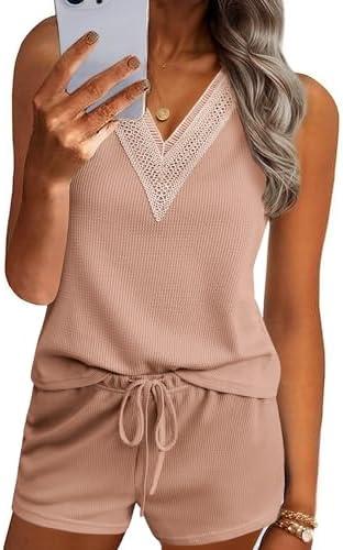 Ekouaer Pajama Sets for Women 2 Piece Tank Top and Shorts Waffle Knit Lounge Set with Lace V-neck PJ Loungewear S