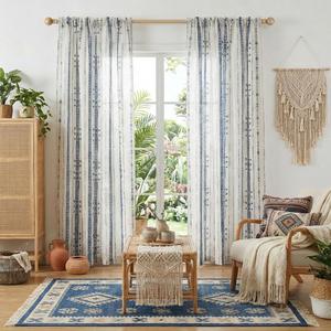 Boho Linen Curtains 2 Panels Set,Semi Sheer Farmhouse Curtains for Living Room, 84 Inches Long Rustic Country Drapes Added Blue Bohemian Line Printed for Home Decor, W52 X L84,Navy Blue