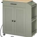 HOOBRO Kitchen Island with Power Outlet, Storage Island with Spice Rack and Drawer, Rolling Kitchen Cart on Wheels, for Home, Dining Room, Natural and Green JN82UZD01G1