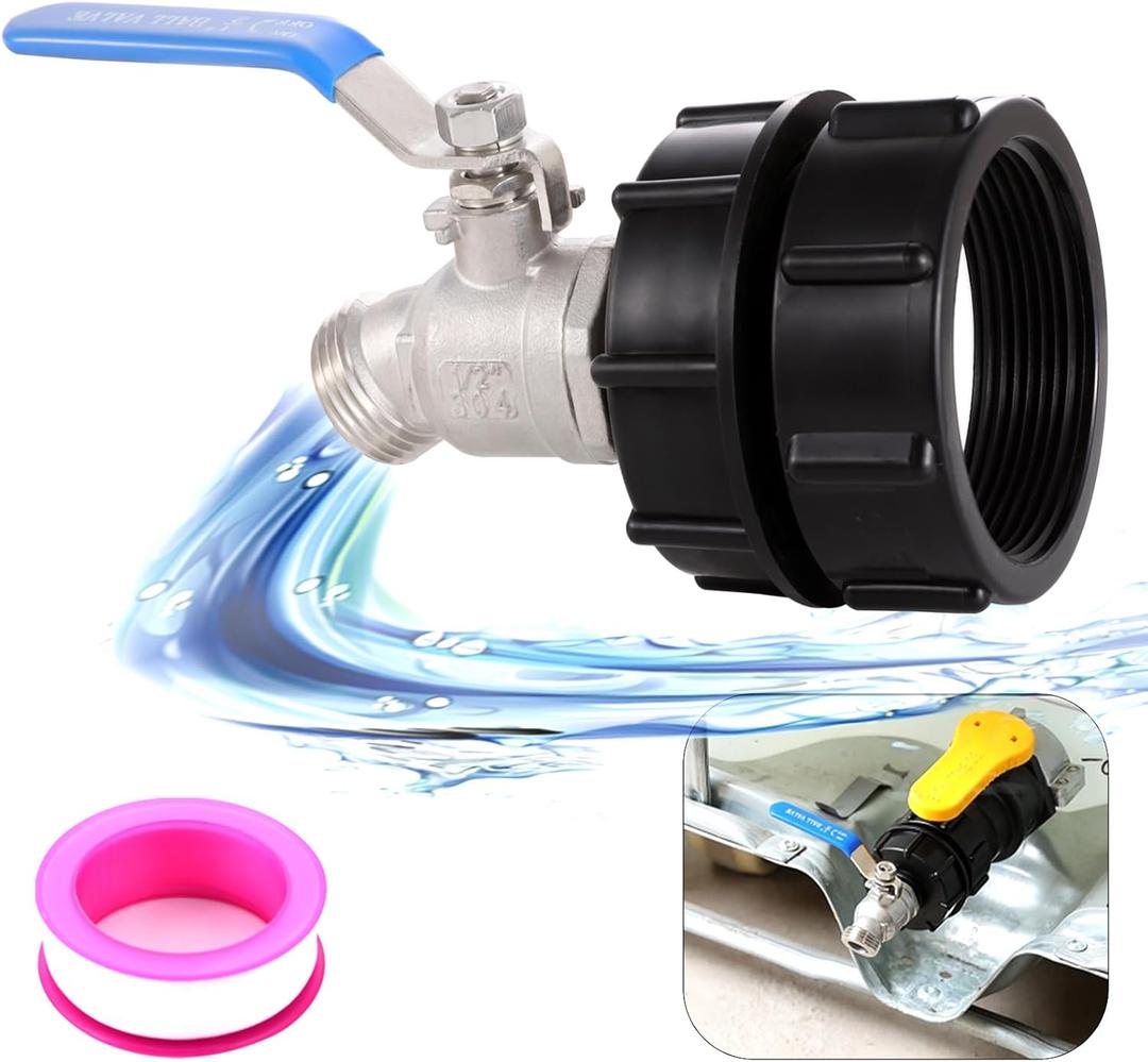 275-330 Gallon IBC Tote Water Tank Adapter(2" Fine Thread)IBC Tote Adapter +304 Stainless Steel Garden Hose Valve (Lead-Free), IBC Tote Fittings, IBC Tote to Garden Hose Adapter