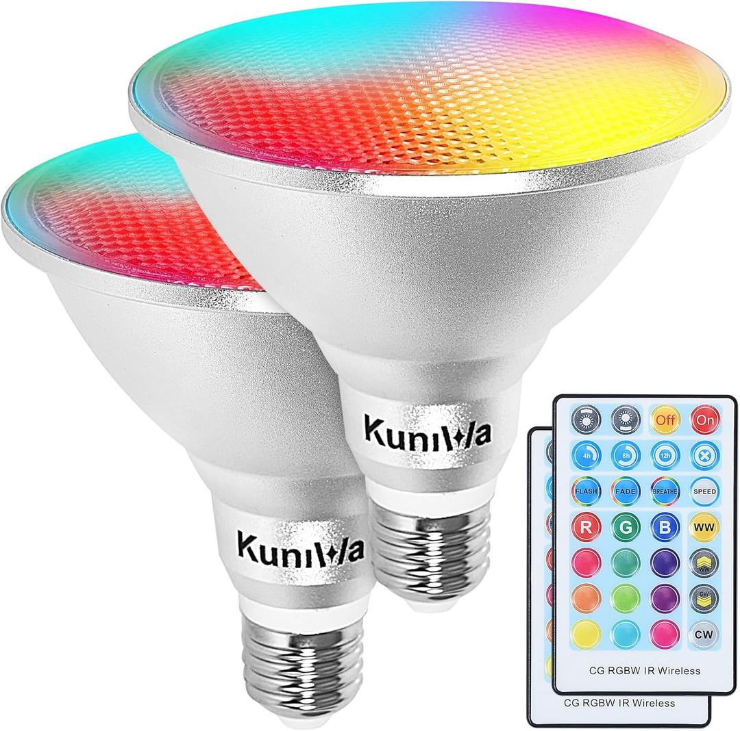 2 Pack PAR38 Flood Light Bulbs Outdoor 30W, LED Color Changing Spotlight Waterproof, 100W Equivalent, Timing, Remote, RGB Porch Light E26 for Holiday Halloween Christmas Party Decoration