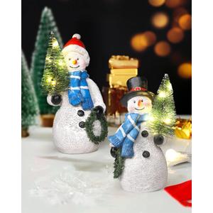 iStatue Resin Snowmen Figurines with Lighted Christmas Tree and Wreath 5'' - Set of 2 Battery Operated - Holiday Decorations Home Decor (Snowman)