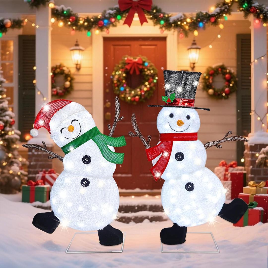 Lulu Home 2-Pack Lighted Christmas Snowman Decorations, 3.1+2.5FT Outdoor Snowmen with 70 LEDs White Lights, 2D Plug-in Snowman Holiday Yard Decor with Scarves for Lawn Garden Party