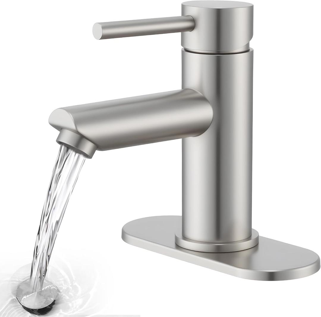 Brushed Nickel Bathroom Sink Faucets Single Hole Single Handle Stainless Steel Bathroom Faucet RV Faucet Deck Mount 1 Hole or 3 Holes with Pop-up Drains with Overflow (4 Inch)