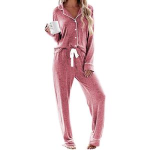 Ekouaer Women's Pajamas Long Sleeve Sleepwear Casual Button Down Loungewear Soft Pjs Set (Wine, S)