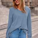 MASCOMODA Womens Tops Casual V Neck Waffle Knit Long Sleeve Shirts Trendy Loose Tunic Pullover Work Blouses Fall Outfits (Blue, L)