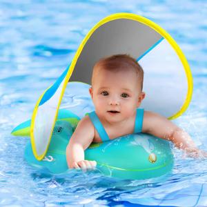 No Flip Over Baby Pool Float with Canopy UPF50+ Sun Protection, Inflatable Baby Float with Sponge Safety Support Bottom, Fun Gifts Water Toys Accessories Baby Swim Floats for Pool 3-36 Months (Small, Blue)