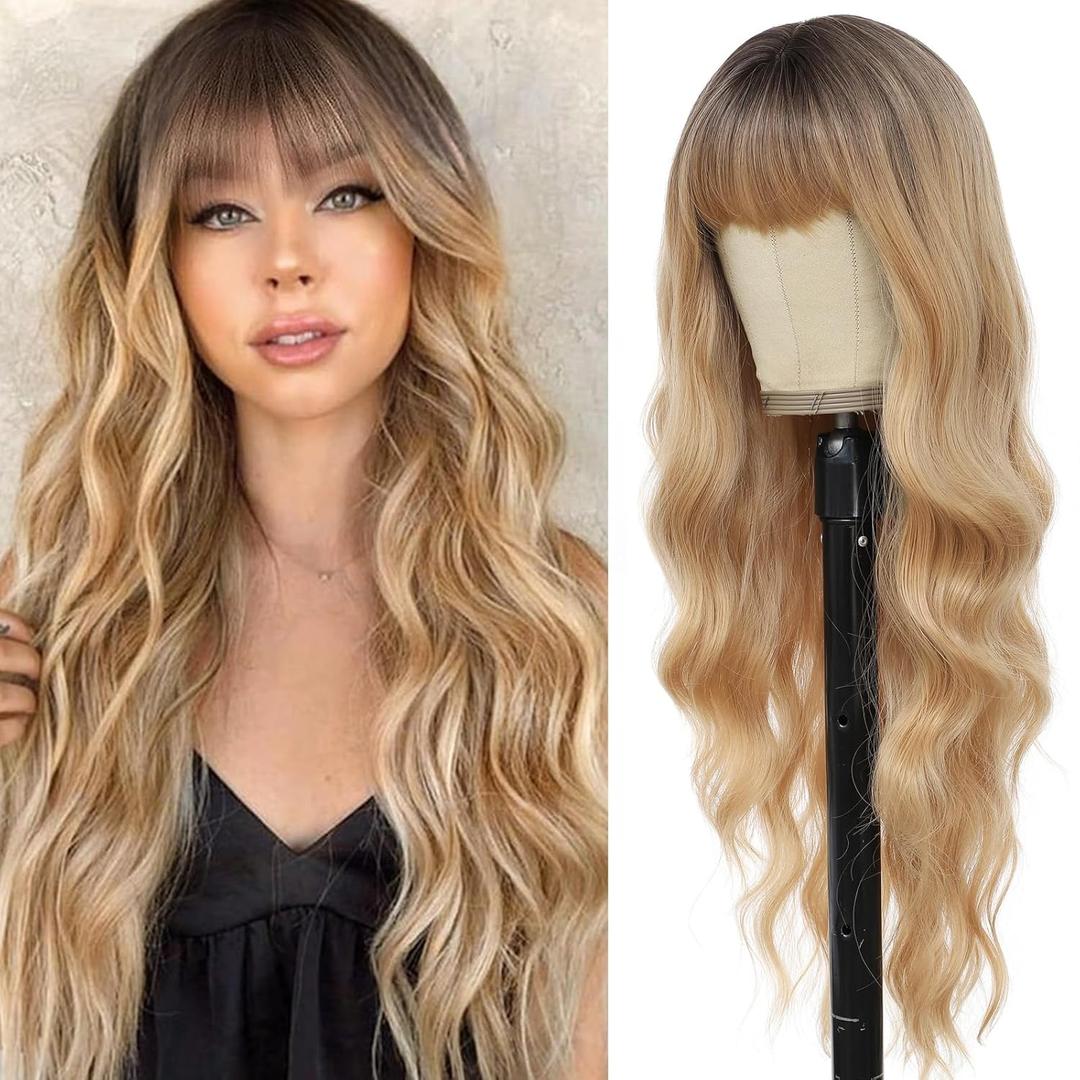 Dark Blonde Wig with Bangs for Women Long Wavy Wigs 26 Inch Blonde Wigs Natural Looking Heat Resistant Synthetic Wig for Daily Party Use