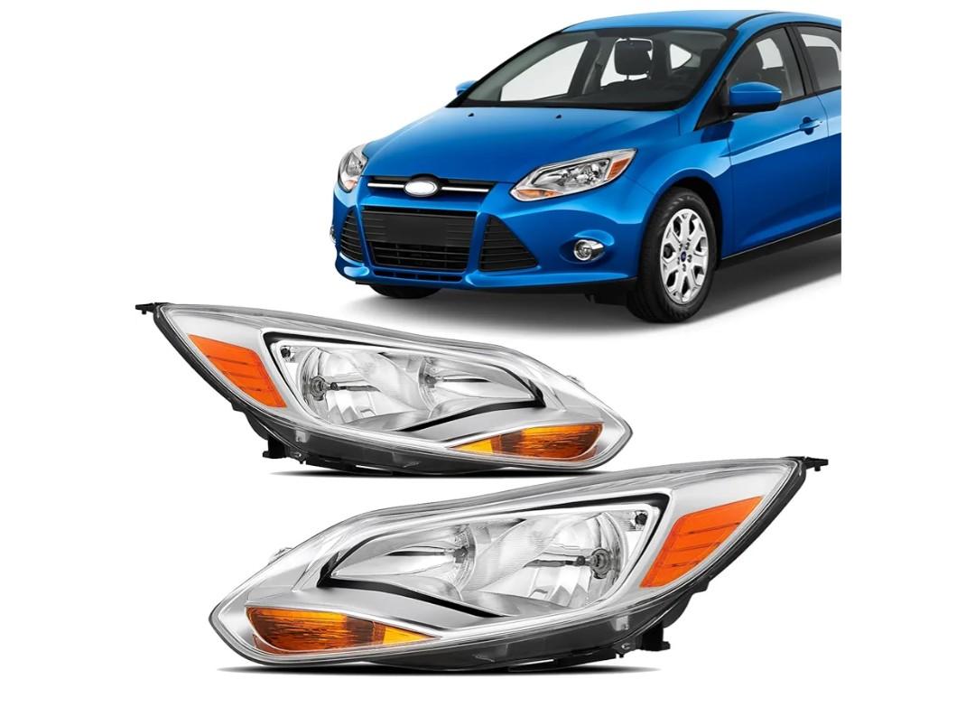 Headlights Headlamp Assembly compatible with 2012 2013 2014 Ford Focus Halogen Models,Include Bulbs, Chrome Housing Amber Corner