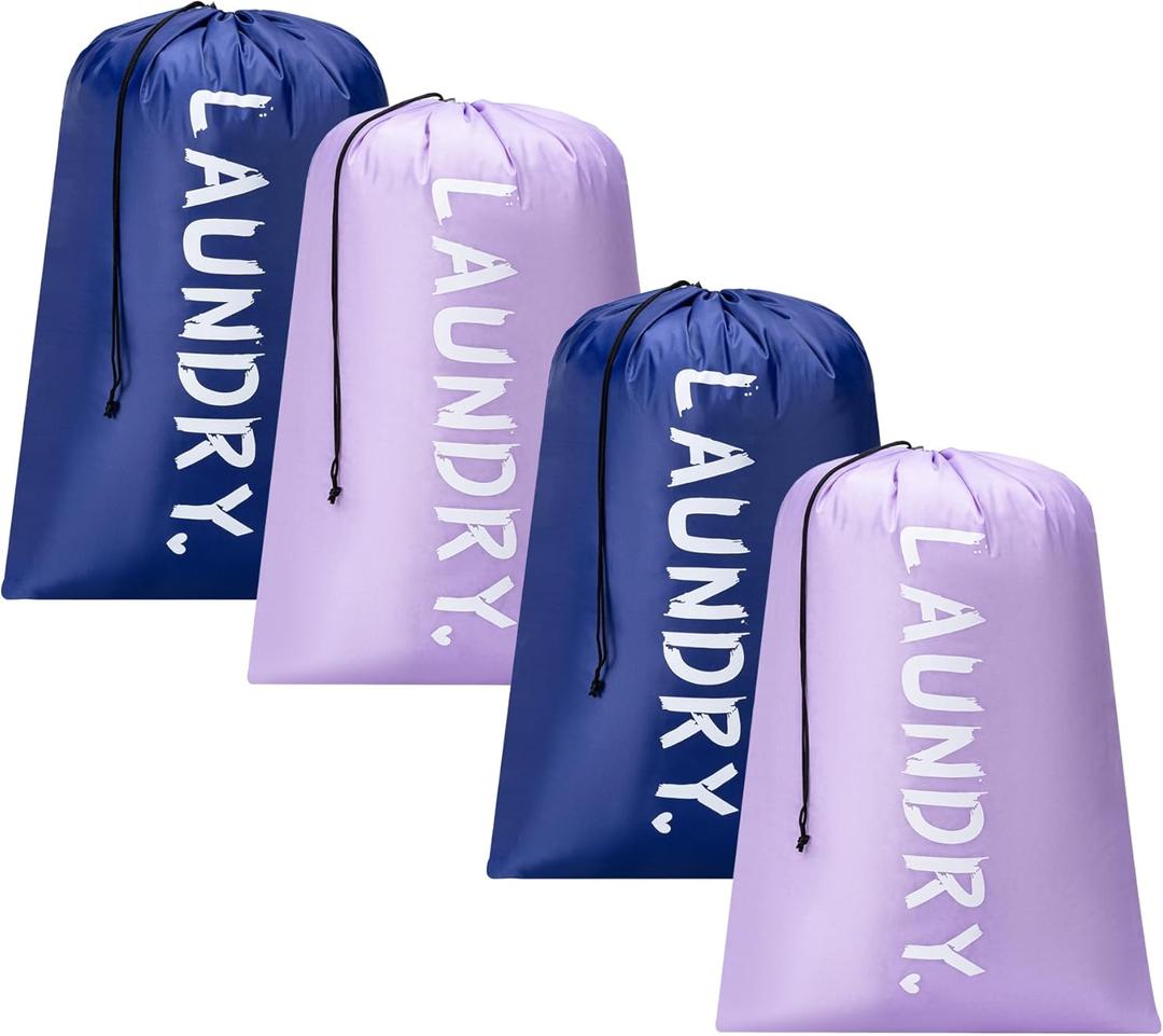 4 Pack XL Travel Laundry Bag, Machine Washable Dirty Clothes Organizer with Drawstring,Large Enough to Hold 4 Loads of Laundry, Easy Fit a Laundry Hamper or Basket Travel Essentials 24" x 36" (Light purple+Deep Blue)