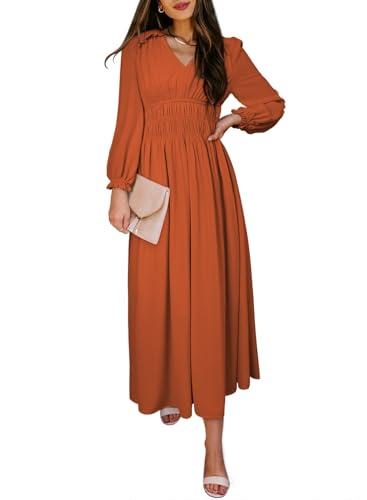 BLENCOT Casual Womens V Neck Fall Dresses Pleat Long Sleeve Midi Long Dress Flowy Bohemian Long Dress Solid Color Dark Orange Small