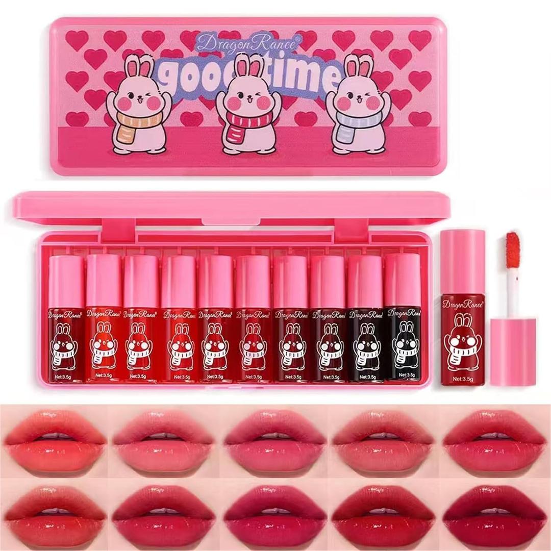 10 Colors Lip Tint Stain Set, Korean Lip Gloss Set, Watery Mini Liquid Lipstick Long lasting, Lightweight, Multi-Use Lip and Cheek Tint, High Pigment, Vivid Color Lip Makeup