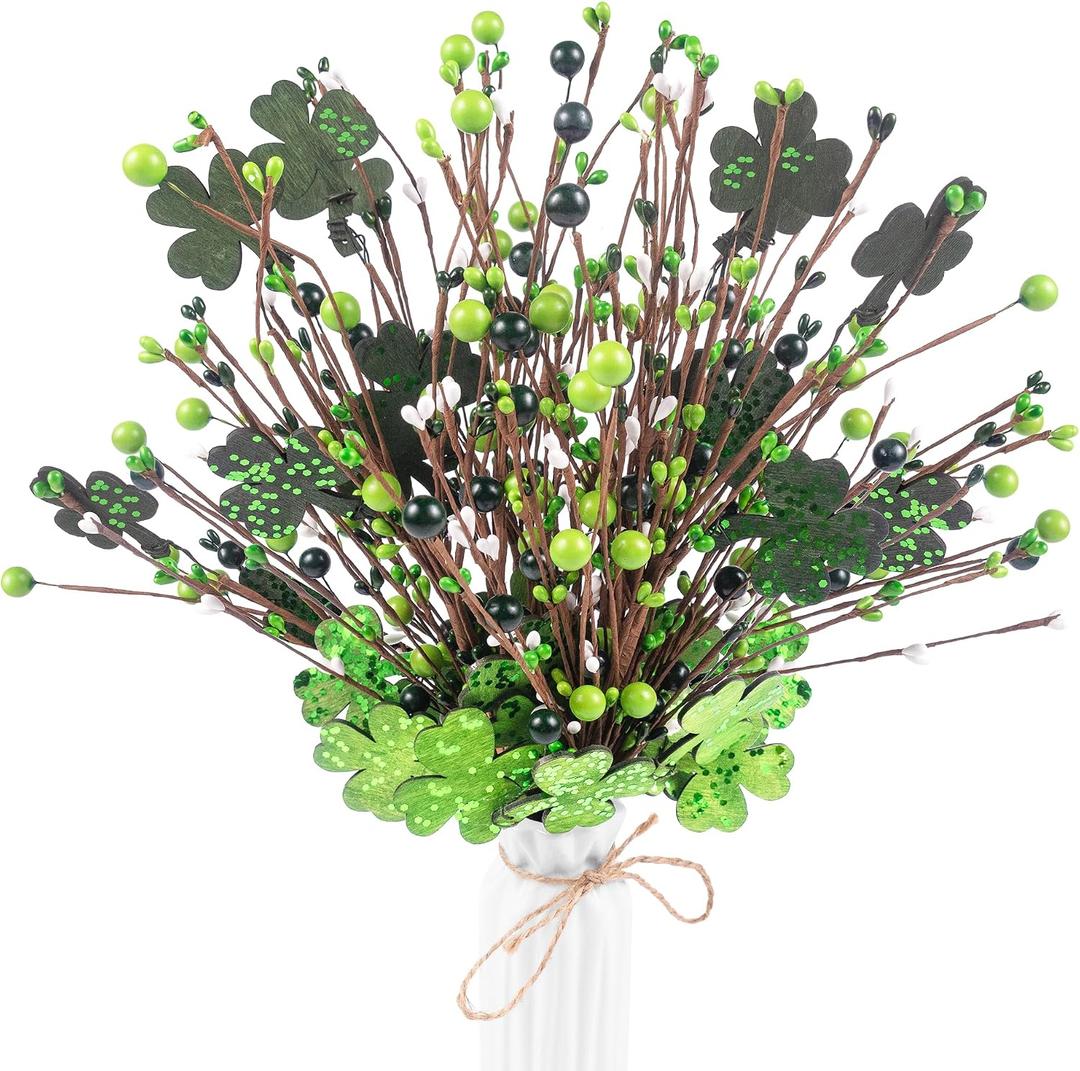 6 Pack Wooden Shamrock Berry Stems - 15.7Inch Glittering Artificial Flowers Clover Picks for St. Patricks Day Decor, Table Centerpiece, Irish Pub & St. Patrick's Day Home Decorations