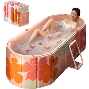 Portable Bathtub for Adult 47" Large Foldable No Installation Bath Tub for Shower Stall, Bathroom Hot SPA Soaking Standing Tub, Collapsible Plunge Bathtub (Pink, 47.2"21.6"19.6")