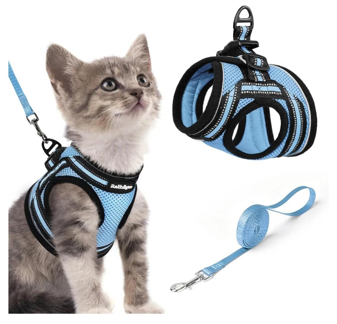 rabbitgoo Cat Harness and Leash, Step-in Escape Proof Kitten Harness Set, Soft Comfortable Cat Vest, Easy to Wear and Adjust, Reflective for Safe Outdoor Walking, Light Blue, Small