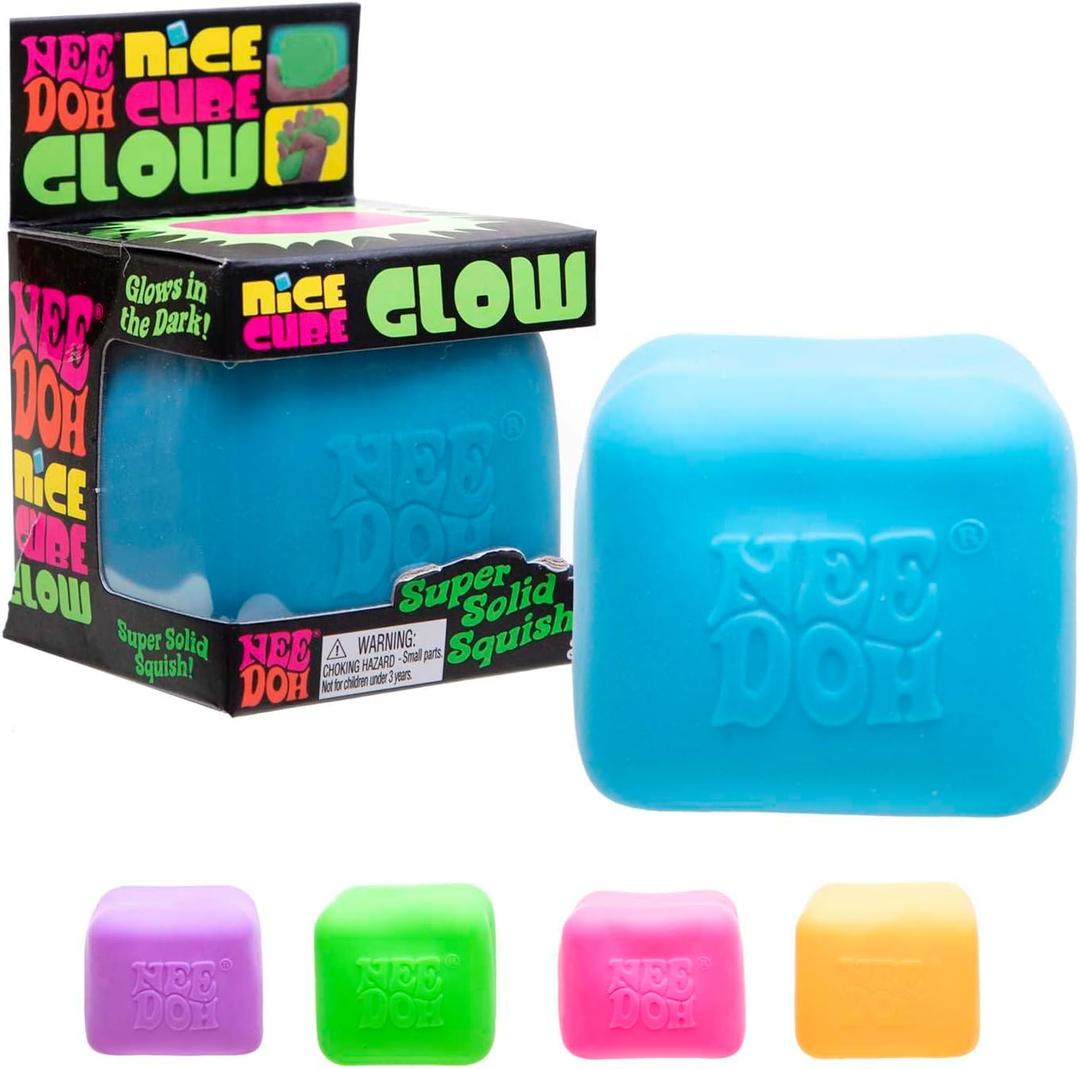 Schylling NeeDoh Nice Cube Glow - Squeeze Toy with a Super Solid Squish - Glows in The Dark - 2.25" Cube - (Pack of 1)