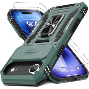 DEERLAMN Case for iPhone Air 6.5-Inch with Slide Camera Cover+Screen Protector(2 Packs), Rotated Ring Kickstand Military Grade Shockproof Protective Cover-Green