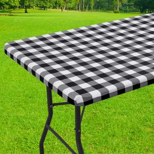 Smiry Rectangle Picnic Table Cloth, Elastic Waterproof Fitted Vinyl Tablecloths, Flannel Backed Buffalo Plaid Table Covers for Dining, Camping, Outdoor (Black and White, 30" x 96")