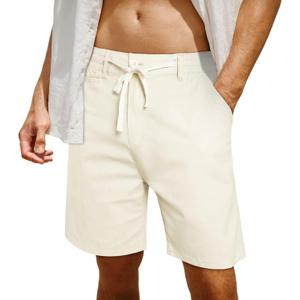 Heyfanee Mens Cotton Linen Shorts Casual 7 Inch Inseam Stretch Summer Shorts for Men Lounge Beach Vacation (White)