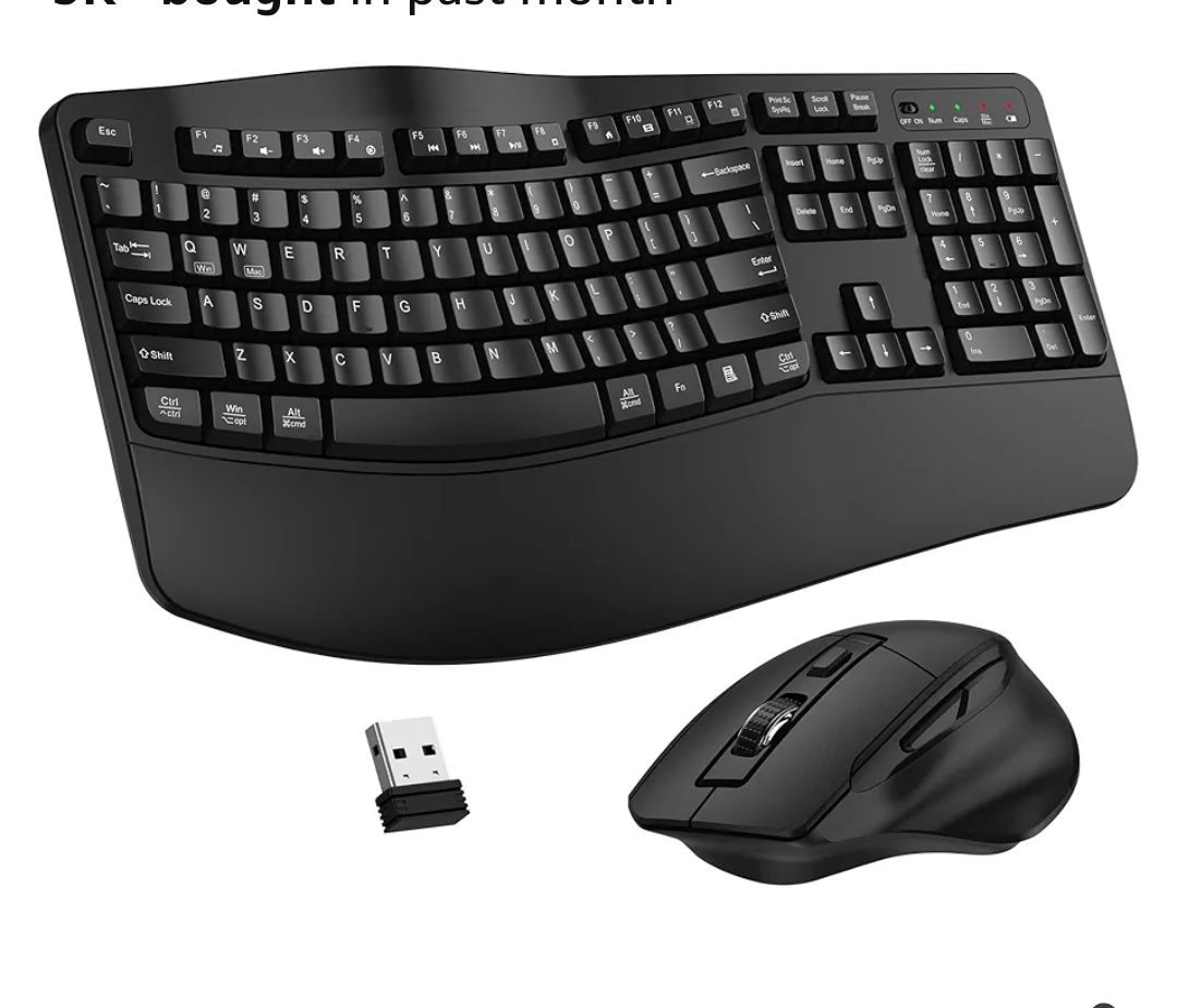 Wireless Keyboard and Mouse Combo, 2.4G Full Size Wave Keys Ergonomic Keyboard with Wrist Rest and 3-Level DPI Adjustable Wireless Ergonomic Mouse for Windows, Mac OS Desktop/Laptop/PC(Black)