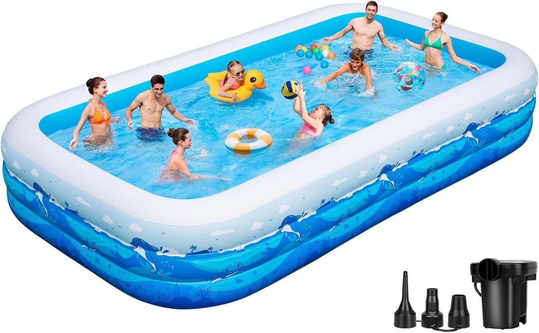 Large Inflatable Pool with Pump, 130"x72"x22" Full-Sized Blow Up Pool with 0.6mm PVC & Cute Animal Print, Big Family Swimming Pool for Backyard Outdoor Summer Water Party (Blue)