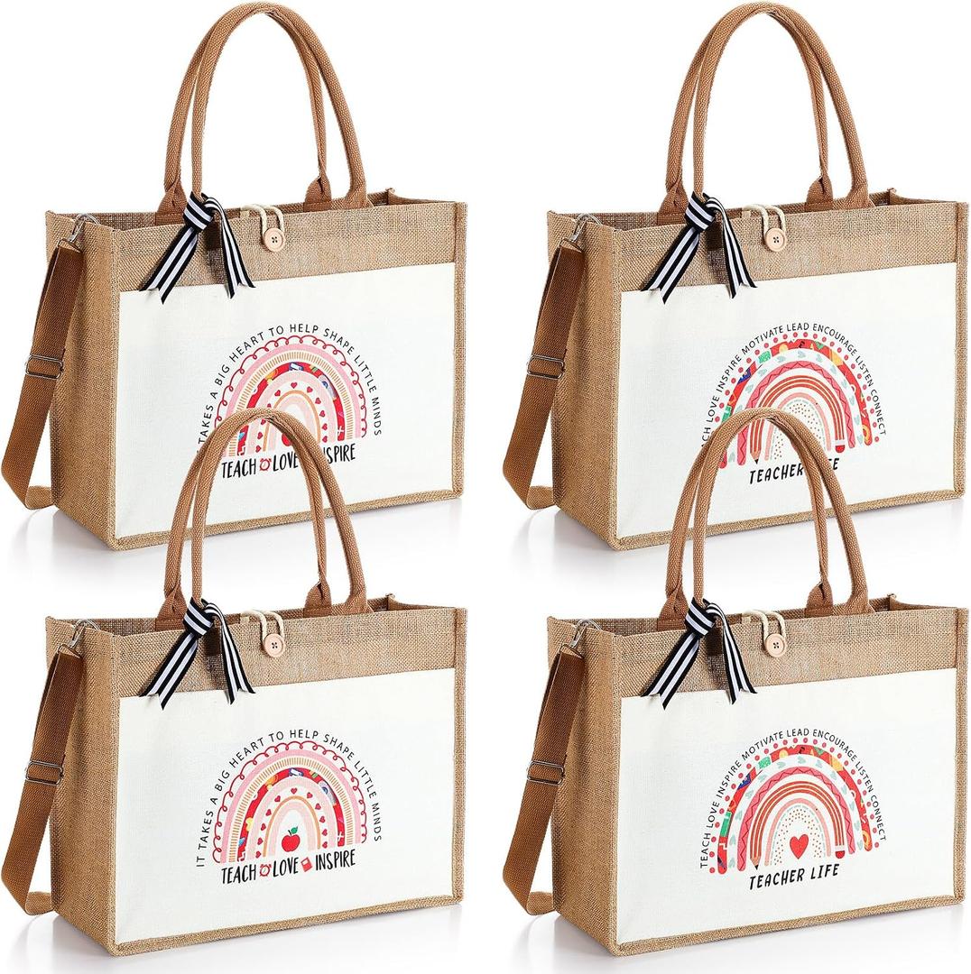 4 Pcs Teacher Appreciation Tote Bag Gifts for Women Teacher Rainbow Canvas Bag Thank You Burlap Totes Gifts for Appreciation Week, Coworker, Graduation, Birthday