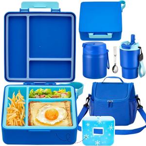 Lunch Box Set with Bento Box Container, 17OZ Stainless Steel Food Soup Thermo, Kids Water Bottle & Portable Insulated Lunch Bag Leakproof, Hot/Cold Retention for School, Travel(Blue)