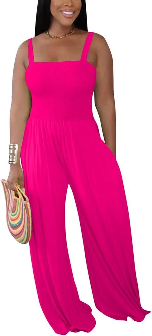 BFFBABY Women's Summer Casual Sleeveless Spaghetti Strap Wide Leg Jumpsuit Loose Tube Top Romper with Pockets, Large