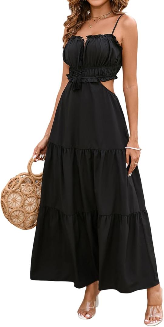 XinFSh Women's Summer Floral Beach Maxi Dress Flowy A Line Spaghetti Strap Cutout Backless Vacation Boho Long Sundress (Medium)