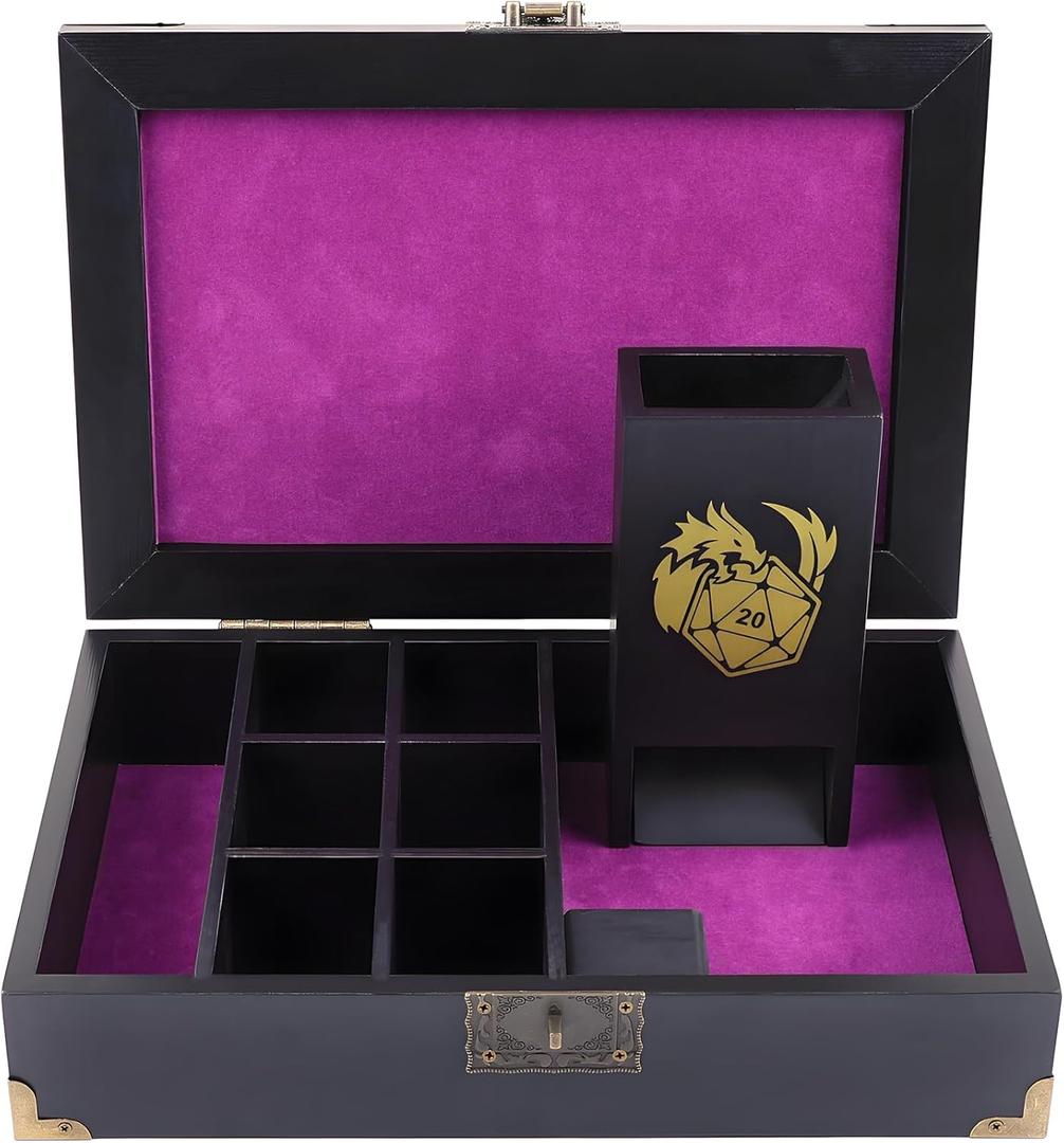 DND Dice Tray & Tower Storage Box, Wooden Dice Holder Case Organizer (Rolling Tray, Dice Roller Tower, Dice Container), RPG Accessories for Dungeons and Dragons/D&D MTG Board Game DM & Player Gifts