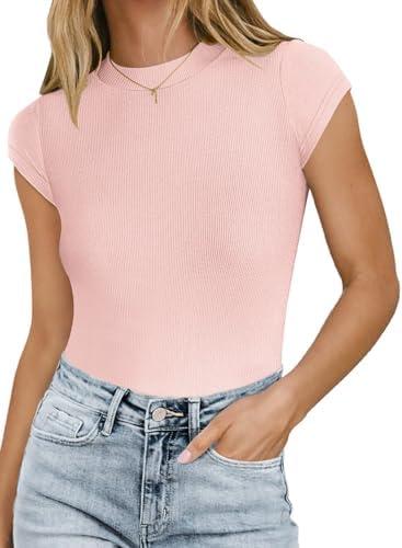 MISSJOY Women Crew Neck Short Sleeve Ribbed Stretchy Casual Slim Fit Bodysuit T Shirts Tops S MISSJOY Women Crew Neck Short Sleeve Ribbed Stretchy Casual Slim Fit Bodysuit T Shirts Tops S