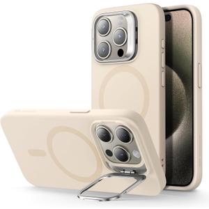 ESR for iPhone 15 Pro Case, MagSafe Silicone Case with Stand, Military-Grade Protection, Built-in Camera Stash Stand, Magnetic Phone Case for iPhone 15 Pro, Cloud Series,Light Tan