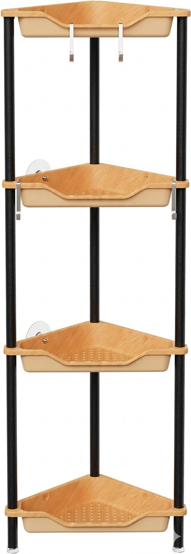 Orimade Rustproof 4 Tier Floor Standing Corner Shower Caddy Organizer, Plastic Metal Splicing Floor Corner Shelf Rack Storage Stands for Bathroom, Wood Grain Surface