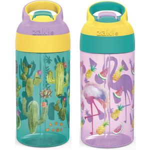 Zak Designs 16oz Riverside Desert Life Kids Water Bottle with Straw and Built in Carrying Loop Made of Durable Plastic, Leak-Proof Design for Travel, 2PK Set