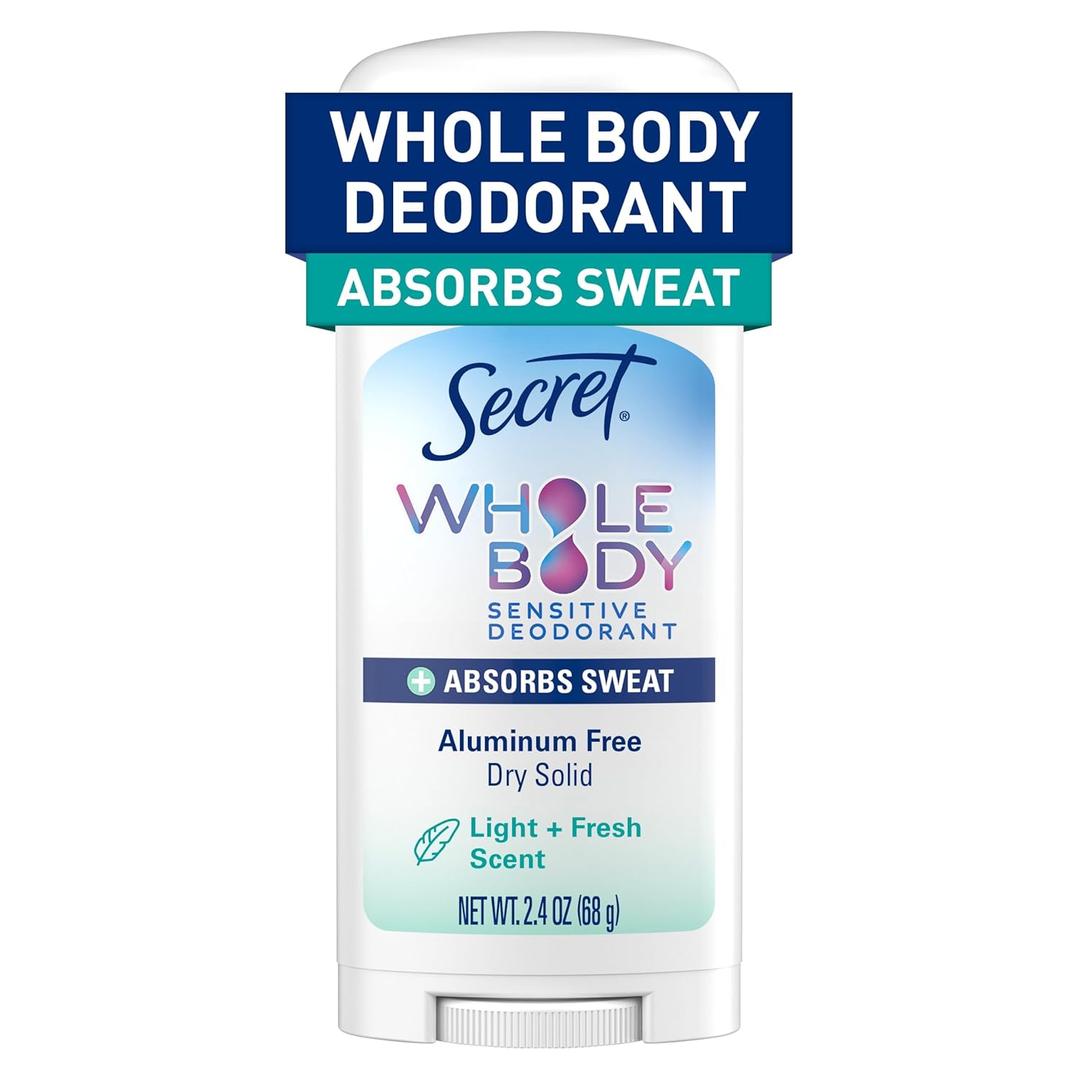 Secret Whole Body Deodorant Dry Feel Stick + Absorbs Sweat for Women, Naturally Derived Ingredients, Light & Fresh Scent, Aluminum Free Deodorant Stick, 72 HR Odor Protection, 2.4 oz (2.4 Ounce (Pack of 1))
