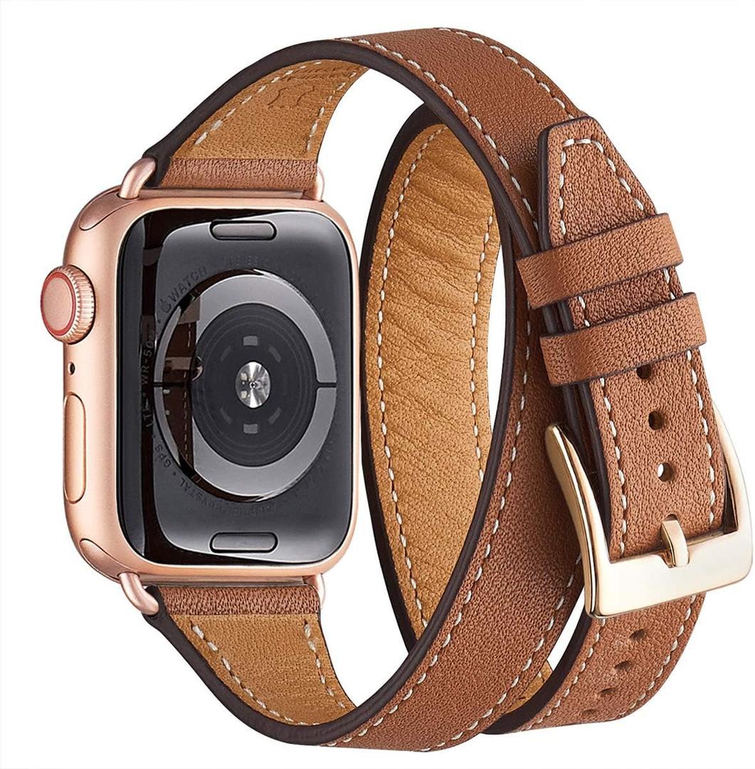 Bestig Bands Compatible with Apple Watch Band 40mm 41mm 38mm 42mm(Series 10 11) Women Men, Genuine Leather Double Tour Designed Slim Thin Strap for iWatch SE1/2/3 Ultra 3/2/1 Series 9 8 7 6 5 4 3 2 1 (A-Brown+RoseGold)
