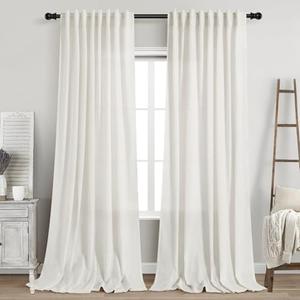 Nanspring Beige White 102 Inch Linen Curtains for Living Room Back Tab Rod Pocket Privacy Semi Sheer Light Filtering Curtains Coastal Decor Soft Long Curtain for Bedroom, 2 Panels 60x102