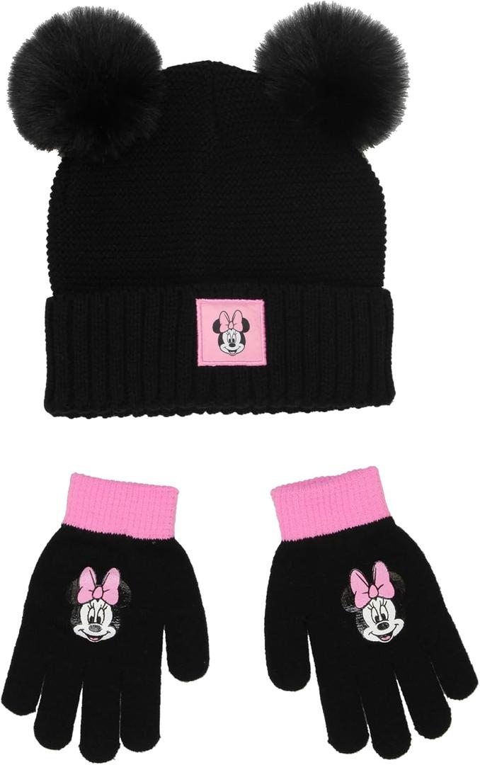 Minnie Mouse Big Kids Girls Knit Hat with Pom Pom Ears and Glove Set