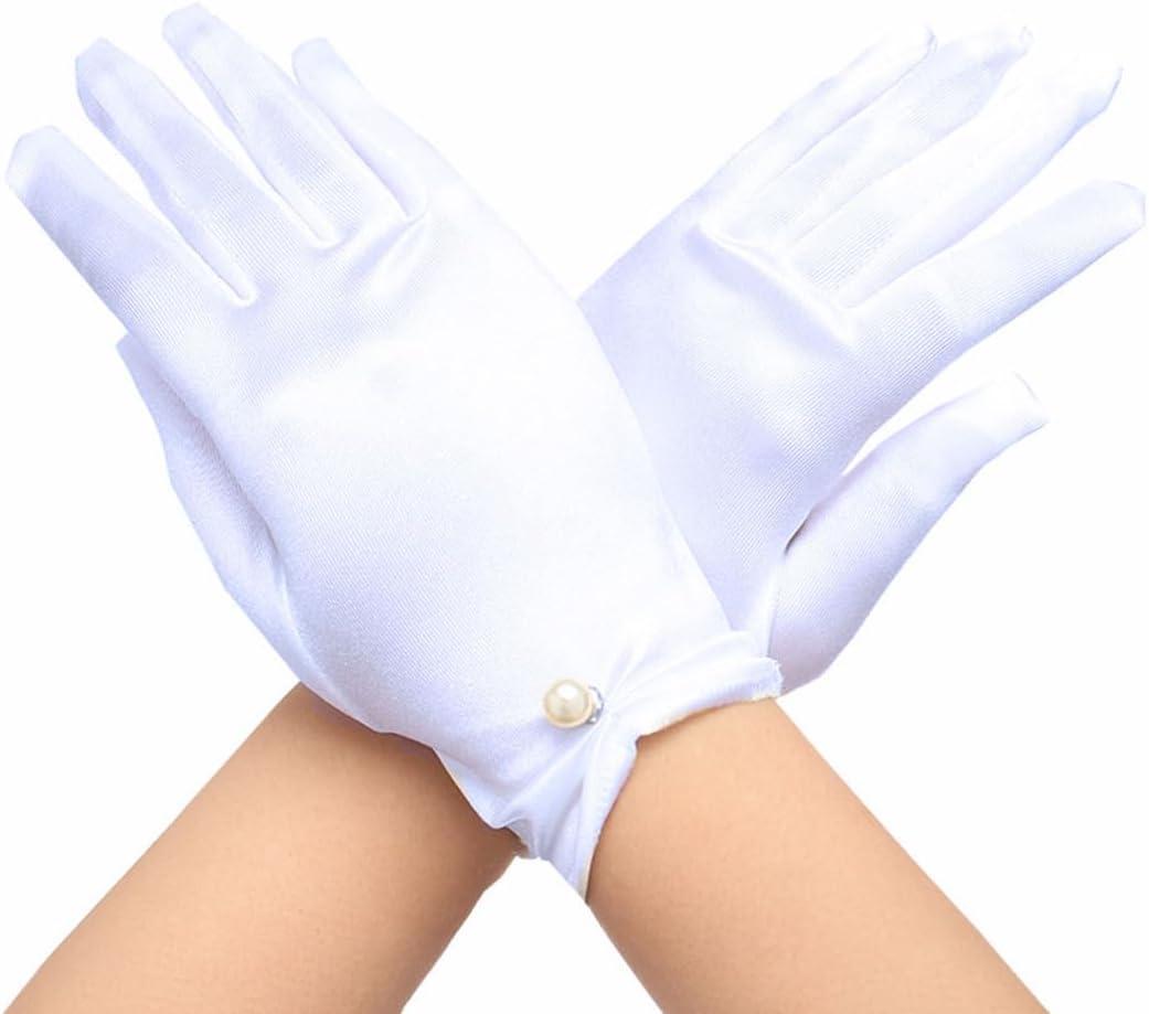 Casdre Short Satin Wedding Gloves Pearl Bridal Glove Evening Party Wrist Length Gloves for Women and Girls