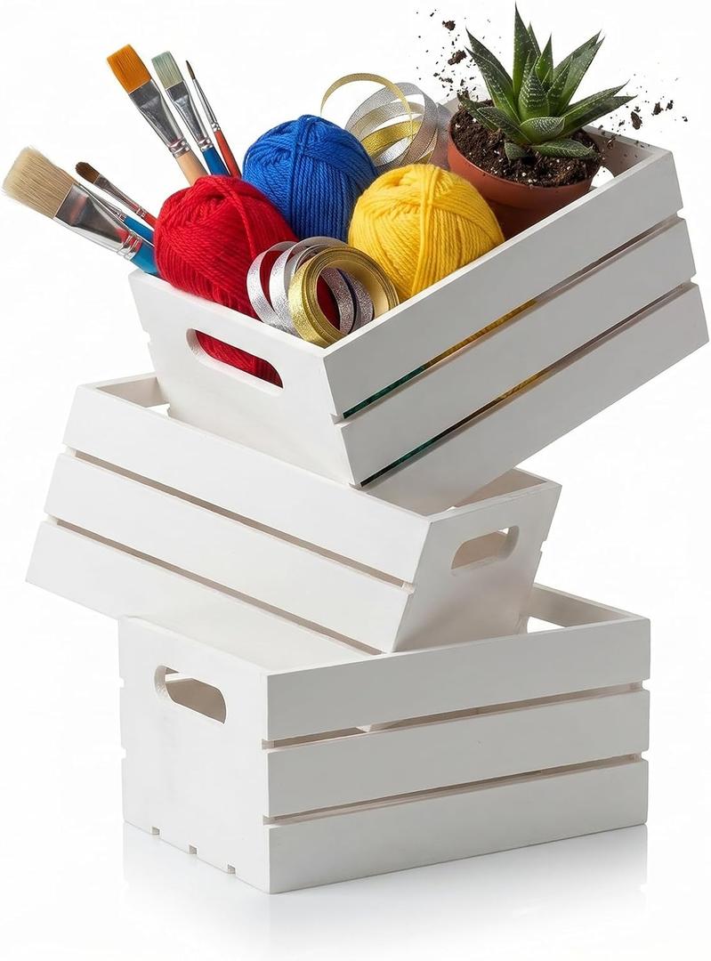 Hampton Art White Wood Crate Set 3pc, 9.33x6.5x4.25 Inch, Decorative Wooden Storage Crates, Home Decor Organizer, Crafts, Photos, Keepsakes, Farmhouse Display