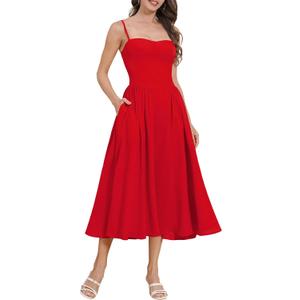 Casual Dresses for Women Boho Spaghetti Strap Corset Midi Dress with Pockets Low Cut Flowy Pleated Bustier Sundress (Small, Red)