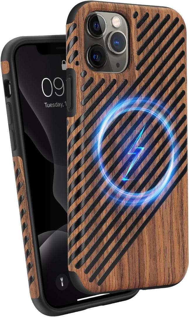 Magnetic Case Compatible with iPhone 11 Pro Case [Compatible with MagSafe] Wood and Leather Design TPU Hybrid Shockproof Phone Case (Wood and Leather)