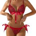 Lingerie Sets for Women Sexy, Bow Tie 2 Piece Lingerie Bra and Panty Holiday Lingerie Front Closure (Medium, Red)