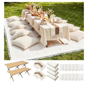 Novabright 20 Pcs Boho Picnic Kit Folding Picnic Table 59'' x 20.5'' Extra Large Outdoor Boho Blanket 91'' x 71'' Beige White Table Runner 12 Pillow Cover Woven Cotton Oversize Washable for Wedding